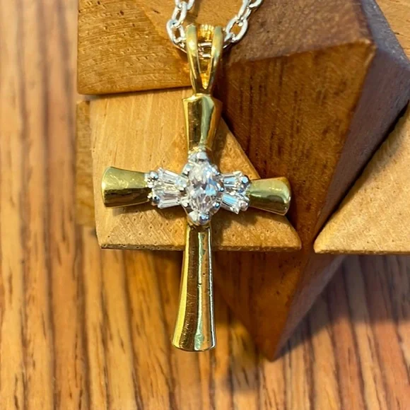Vintage Gold and Silver Cross Pendant Necklace with CZ - Picture 2 of 6